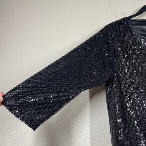 Joan Vass Womens Large/2 Sequin Easy Tunic Top Black Crew Neck 3/4 Sleeves - Picture 5 of 8